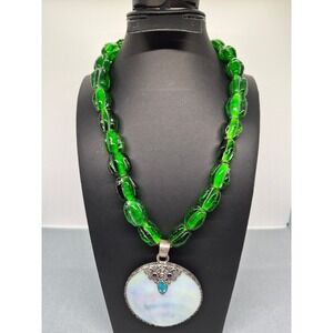 JTV Necklace Woman Green Glass Mother of Pearl Sterling Silver Quartz Statement